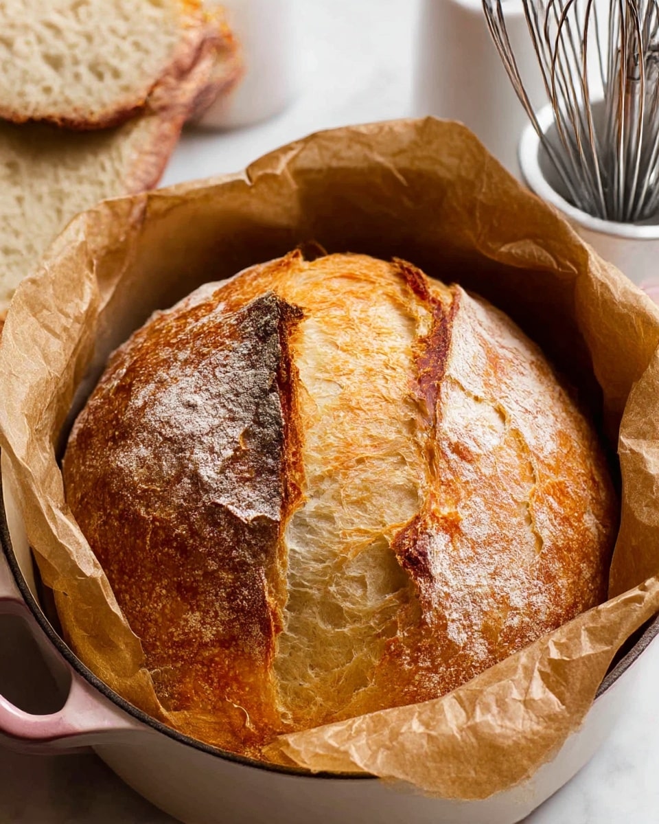 A round loaf of rustic bread with a rough, cracked, and golden-brown crust sits on a light wooden cutting board. The bread looks thick and fluffy underneath the crust, with irregular textures on the surface showing a dusting of flour. The cutting board is placed on a white marbled surface, and there is a folded beige towel with red stripes behind the bread, adding a cozy kitchen vibe. photo taken with an iphone --ar 4:5 --v 7