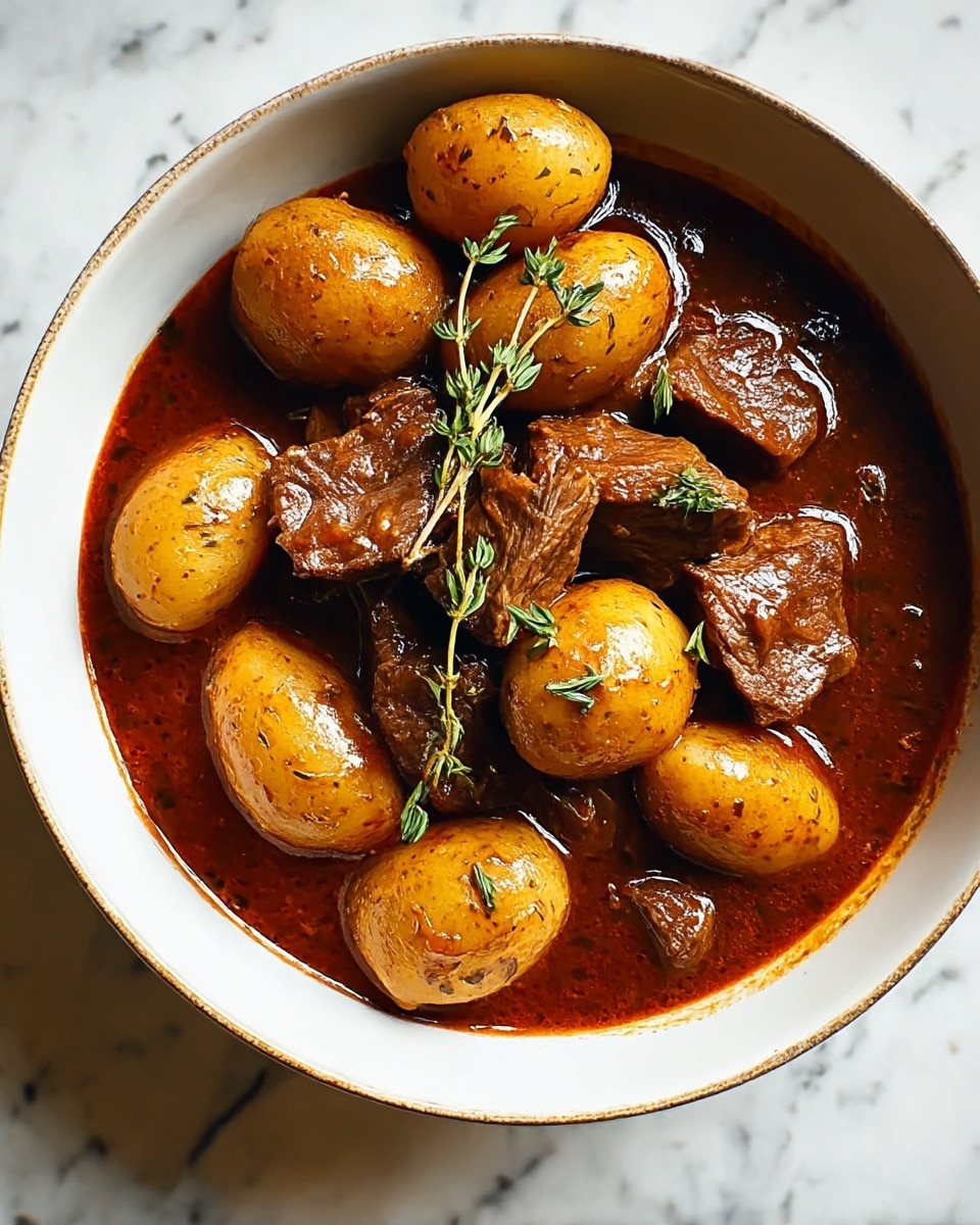 A white bowl filled with a stew showing about eight pieces of light brown baby potatoes, some whole and some cut in half, sitting in a rich, dark reddish-brown sauce. Mixed with the potatoes are several chunks of tender, brown beef, with a few small green sprigs of thyme placed on top, adding a fresh touch. The sauce looks thick and glossy, coating the meat and potatoes well. The bowl is shown from above on a white marbled surface. photo taken with an iphone --ar 4:5 --v 7