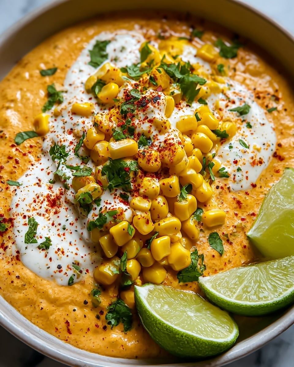 A close-up of a food dish in a white bowl showing a thick creamy orange sauce as the base layer, topped with a pile of bright yellow corn kernels mixed with chopped green herbs. On top, there is a layer of white creamy sauce sprinkled with red chili powder and black pepper. Around the side of the bowl, two lime wedges with a green rind and light green inside rest on the white marbled surface. photo taken with an iphone --ar 4:5 --v 7