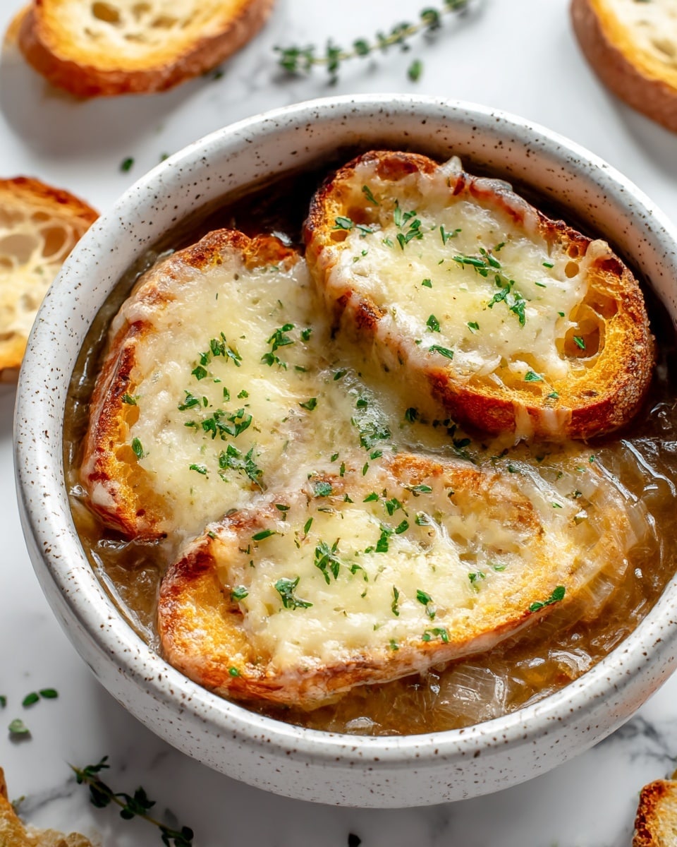 A white speckled bowl holds a deep brown soup filled with soft, cooked onions at the bottom layer, topped with four toasted bread slices that have golden brown edges and a crispy texture. Each slice is covered with a thick, melted layer of light golden yellow cheese, slightly browned and bubbly on top, and sprinkled with small pieces of fresh green herbs. The bowl sits on a white marbled surface with a few scattered herb leaves and pieces of toasted bread nearby. photo taken with an iphone --ar 4:5 --v 7