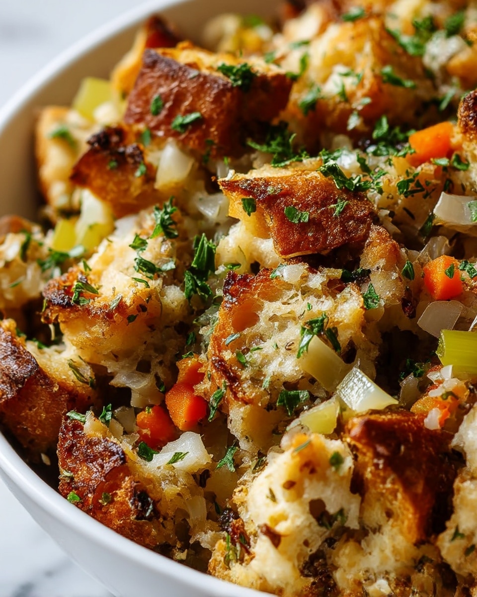 The image shows a close-up view of a baked stuffing dish in a white bowl. It has several layers with golden-brown toasted bread pieces on top, some edges crispy and darker brown, mixed with small light orange carrot chunks and translucent onion bits. There are also small pieces of celery in light green scattered throughout. The dish is sprinkled with chopped fresh green parsley, adding a pop of color over the textured bread and vegetables. The stuffing looks moist and soft inside with a rough, crunchy crust on top. The background is a white marbled texture. photo taken with an iphone --ar 4:5 --v 7