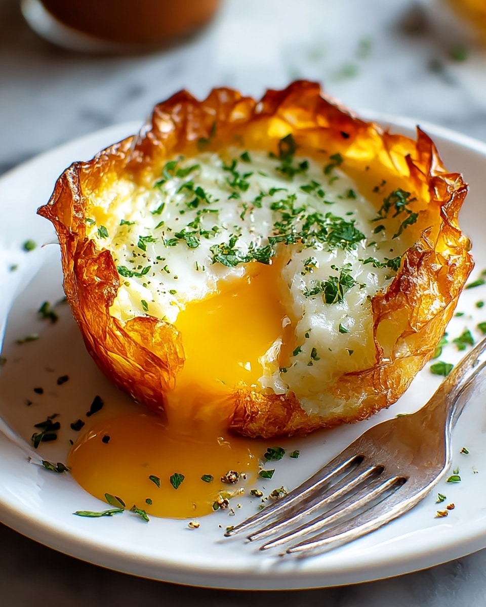 A golden-brown baked egg nest sits on a white plate with a slightly crispy and lacy outer layer, folded upwards to form a bowl shape. Inside, there are soft white egg whites and a rich, runny bright yellow yolk flowing out from the center. The top is sprinkled with chopped green herbs, adding a fresh color contrast. Some herbs and black pepper bits are scattered around the plate. A silver fork is visible on the edge of the plate resting on a white marbled surface. photo taken with an iphone --ar 4:5 --v 7