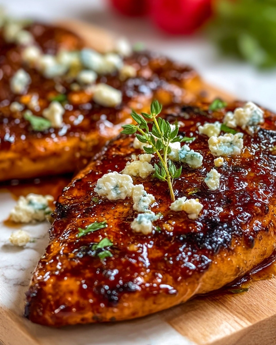 A close-up of two grilled chicken breasts with a shiny, dark brown glaze that has some charred spots, giving a caramelized texture to the meat. The chicken is topped with small white and blue crumbled cheese pieces scattered unevenly and garnished with fresh green herbs, including a sprig of thyme placed centered on the nearest breast. The dish sits on a white wooden board, with a softly blurred white marbled background and hints of red and green blurred objects in the distance. The glaze appears sticky and glossy, reflecting light in spots. photo taken with an iphone --ar 4:5 --v 7