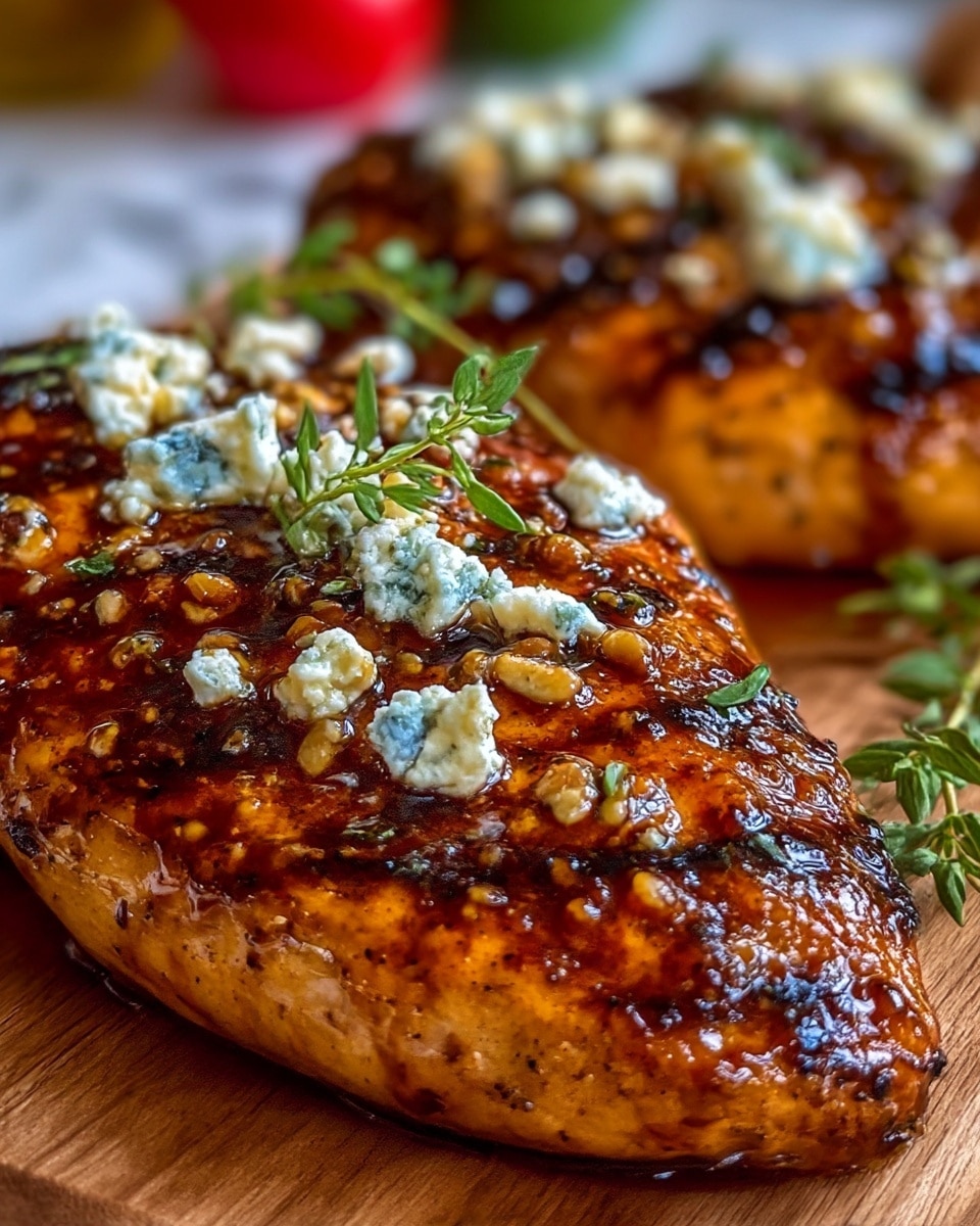 A close-up view of two grilled chicken breasts covered in a shiny, dark brown glaze with grill marks and slight charring. On top, there are small white crumbles of cheese with some blue mold spots, along with minced nuts or seeds adding texture. Fresh green herb sprigs are placed decoratively on the chicken. The chicken is served on a wooden board, with a blurred white marbled texture background and hints of out-of-focus red and green elements. photo taken with an iphone --ar 4:5 --v 7