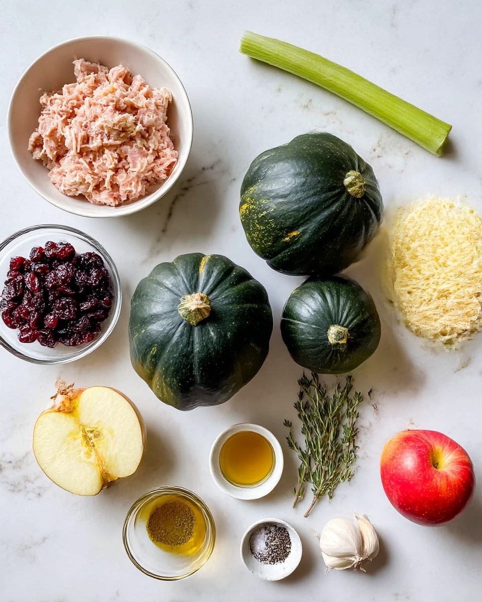 The image shows cooking ingredients arranged neatly on a white marbled surface. There are three dark green acorn squashes placed closely together in the center. To the left, a white bowl with pink ground turkey, and below it, a white bowl with dark dried cranberries. A small glass bowl contains pale yellow shredded cheese near the top right. There is a light green celery stalk, fresh green rosemary and thyme sprigs, a yellow onion, two garlic cloves, a red and yellow apple, a small dish with golden liquid, and a tiny dish with salt and black pepper. The colors are natural and fresh, with a calm and clean layout. Photo taken with an iphone --ar 4:5 --v 7