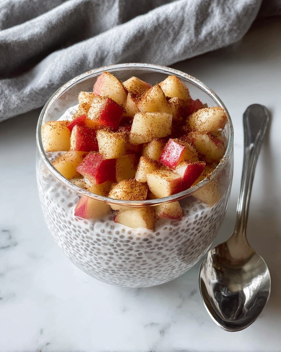 A clear glass bowl filled with two layers, the bottom layer is white, thick chia pudding mixed with tiny black chia seeds giving it a grainy texture, topped with a layer of small, uneven pieces of diced red and yellow apples sprinkled lightly with brown cinnamon powder; the bowl is placed on a white marbled surface, next to a shiny metal spoon and a soft gray cloth in the background. photo taken with an iphone --ar 4:5 --v 7