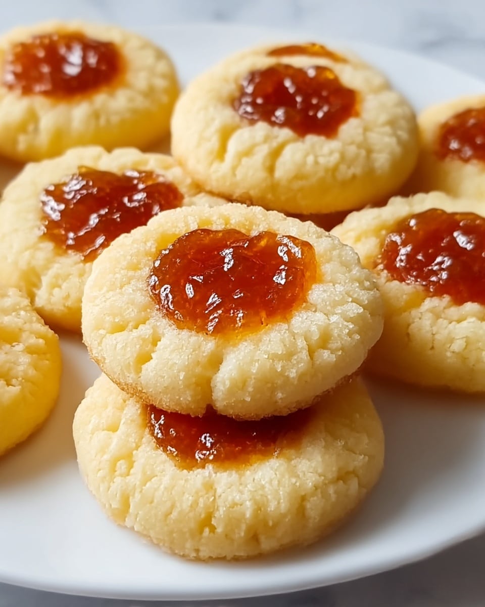 The image shows a close-up of several small round cookies arranged closely on a white plate. Each cookie has one layer, with a textured pale yellow dough base topped in the center by a glossy, amber-colored jam that looks sticky and shiny. The jam is evenly spread in a circular shape, contrasting with the soft matte texture of the cookie base. The white plate rests on a white marbled surface. The lighting highlights the shiny and textured surfaces, making the cookies look fresh and inviting. Photo taken with an iphone --ar 4:5 --v 7