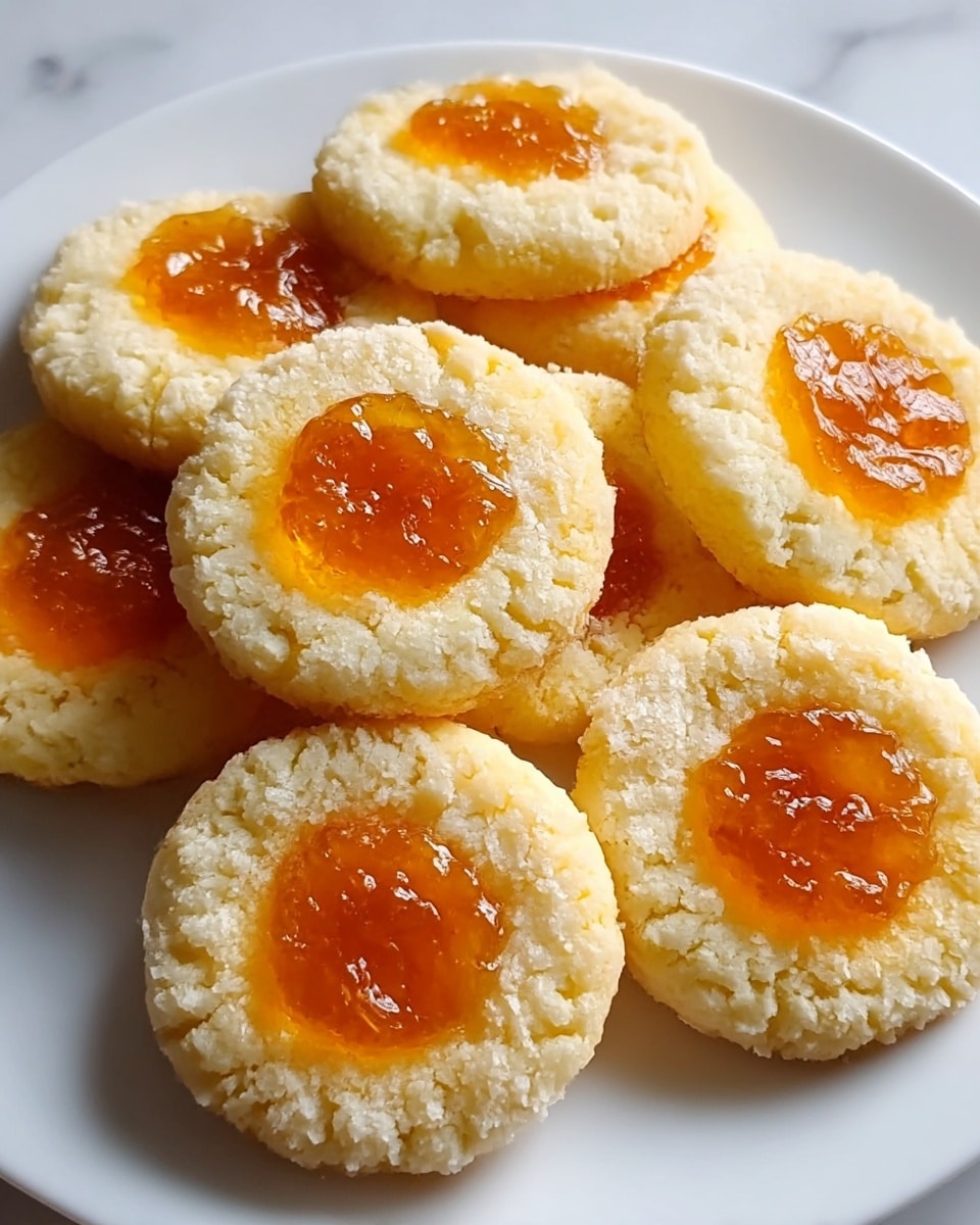 Round cookies are shown, each with two layers: the bottom layer is crumbly and pale yellow, with a soft texture, while the top layer is a shiny orange jelly spot in the center. The cookies have slightly rough edges and are placed close together on a white plate with soft shadows underneath on a white marbled surface. photo taken with an iphone --ar 4:5 --v 7