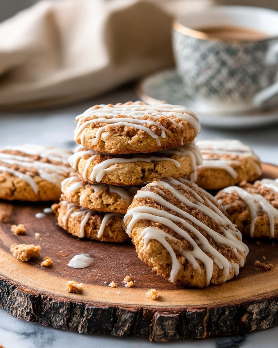 The image shows a stack of crumbly cookies on a round wooden board with bark edges. Each cookie has two layers: a golden-brown base with a rough texture, topped with a darker, crumbly cinnamon-like layer. All cookies are drizzled with a thick white icing in uneven lines across the top. There are small cookie crumbs scattered around the board. In the background, there is a white marbled surface and a blurred cup of coffee in a patterned cup with a white saucer. A folded beige cloth is also visible nearby. Photo taken with an iphone --ar 4:5 --v 7