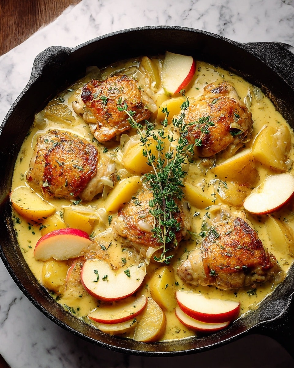 A black cast iron skillet holds six browned chicken thighs sitting in a creamy light yellow sauce filled with small pieces of cooked onion. Scattered among the chicken are slices of light yellow potato and red apple wedges with white flesh. A bright green sprig of thyme rests in the center on top of the chicken. The skillet is placed on a white marbled textured surface that contrasts with the dark skillet and warm colors of the dish. photo taken with an iphone --ar 4:5 --v 7