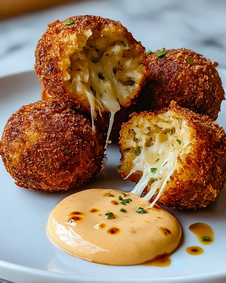 The image shows four golden brown, crispy fried balls on a white plate, with one ball cut open to reveal its soft inside filled with melted cheese and small bits of herbs. The texture of the fried balls is rough and crunchy outside, while the inside looks creamy and gooey with visible white cheese strands stretching down. In front of the fried balls is a dollop of creamy, light orange sauce with small brown specks and a shiny surface, sitting smoothly on the plate. The plate rests on a white marbled surface. photo taken with an iphone --ar 4:5 --v 7