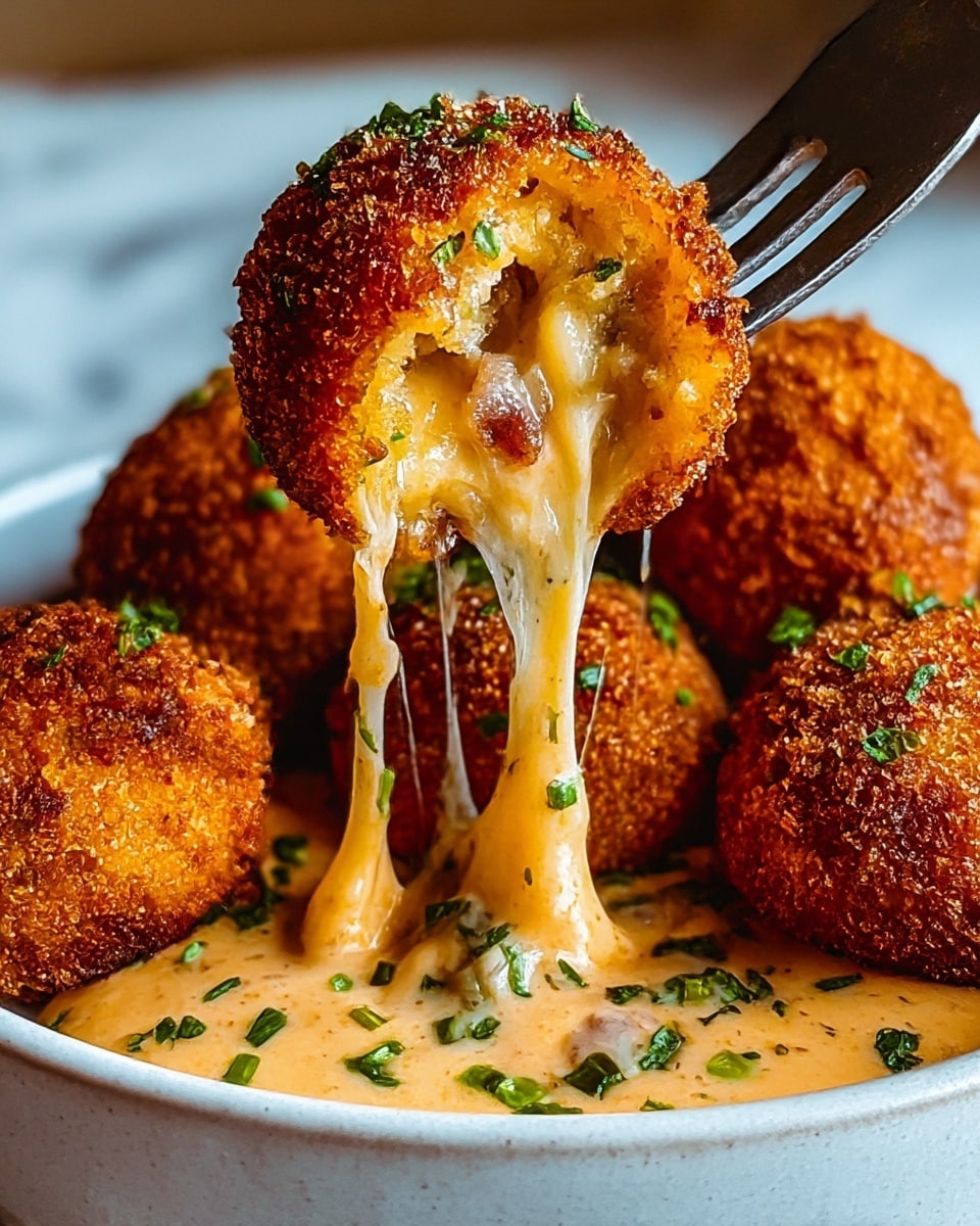 A close-up of a golden-brown, round fried ball with a crispy texture held by a fork, showing gooey melted cheese and bits of meat inside slowly stretching down into a creamy light orange sauce sprinkled with small green herb pieces, surrounded by more crispy fried balls garnished with green herbs, all placed in a white bowl on a white marbled surface. photo taken with an iphone --ar 4:5 --v 7