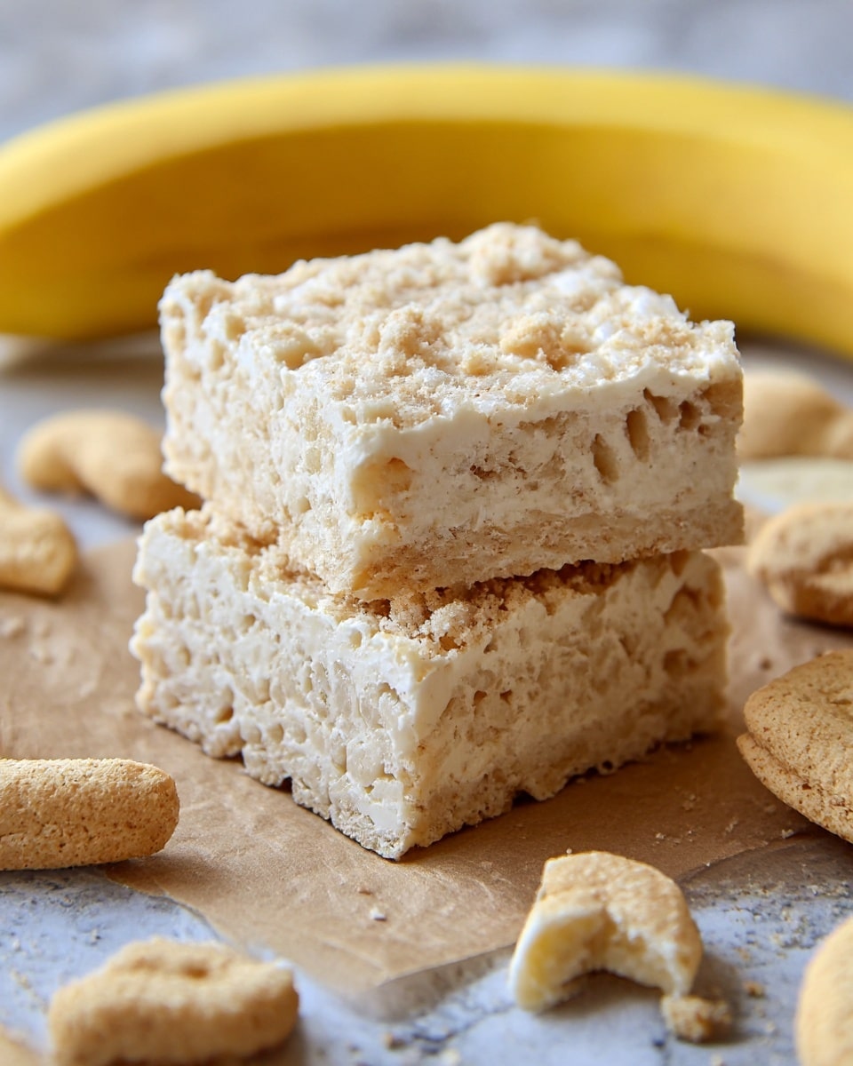 The image shows two stacked rice crispy treat squares on a piece of brown parchment paper placed on a white marbled surface. Each treat has a creamy off-white color mixed with light brown cookie crumb pieces scattered throughout, giving a slightly crumbly texture on top. Surrounding the treats are some whole and broken beige cookies, adding contrast to the soft texture of the treats. In the background, there is a ripe yellow banana slightly out of focus, enhancing the warm tones of the composition. photo taken with an iphone --ar 4:5 --v 7