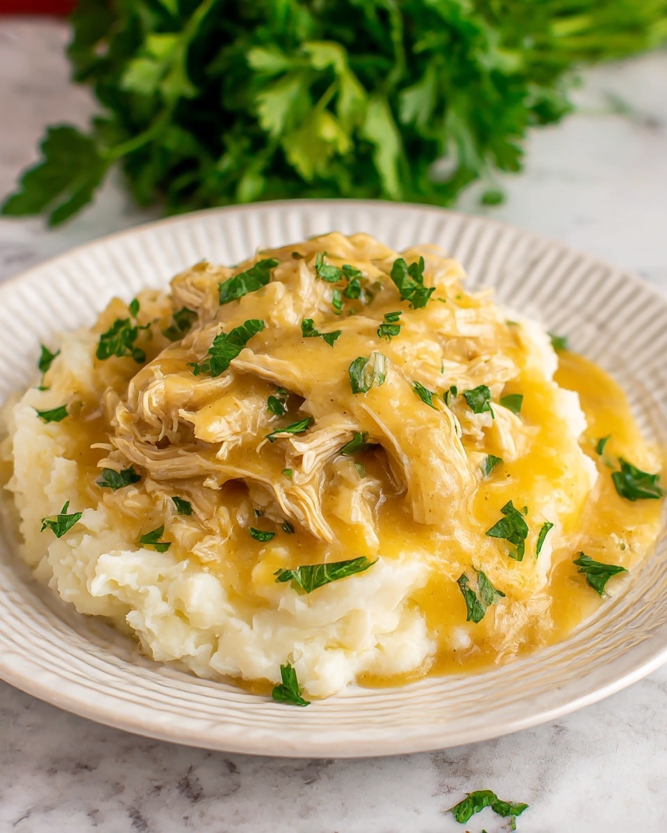 A close-up view of a creamy shredded chicken dish inside a black slow cooker, showing one main layer of tender white and yellow shredded chicken mixed with a rich, smooth, thick yellow sauce that has small green herb bits scattered throughout. A wooden spoon is lifting a scoop of the chicken mixture, emphasizing the glossy texture of the sauce and the soft, fibrous chicken pieces. The background surface is a white marbled texture. Photo taken with an iphone --ar 4:5 --v 7