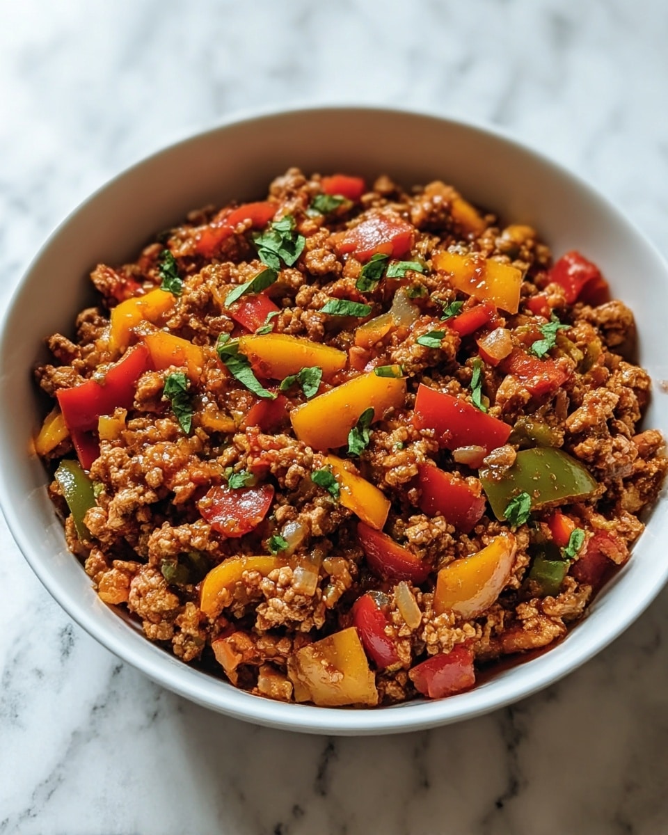 A white bowl filled with a colorful mix of cooked ground meat and chopped bell peppers. The dish has three main visible layers: a base layer of finely crumbled brown cooked meat, a middle layer of chopped yellow, red, and green bell peppers, and a top layer of fresh green parsley leaves scattered all over. The meat looks moist and soft, while the bell peppers appear crisp and shiny. The bowl sits on a white marbled textured surface. photo taken with an iphone --ar 4:5 --v 7