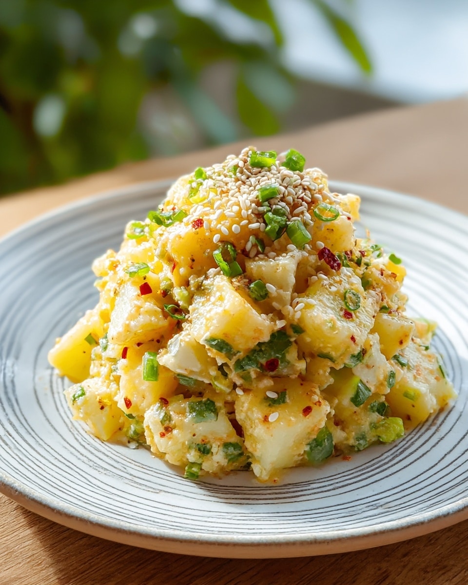 A round mound of cubed potato salad sits in the center of a white plate with gray circular lines, presenting soft yellow and white potato pieces mixed with finely chopped green herbs, likely scallions. The salad is gently coated with a light orange dressing, giving it a slightly glossy look. On top, there is a scattering of white sesame seeds and small green chopped scallions, with hints of red chili flakes adding specks of color throughout. The dish is placed on a wooden surface with a blurred green plant in the background. photo taken with an iphone --ar 4:5 --v 7