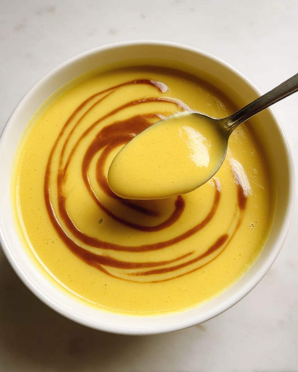 A white bowl filled with smooth, creamy yellow soup that has a glossy texture, topped with a swirl of darker brown sauce forming a spiral pattern on the surface. A silver spoon rests inside the bowl, lifting some of the soup, showing its thick consistency. The bowl is placed on a white marbled surface, giving a clean and bright look. Photo taken with an iphone --ar 4:5 --v 7