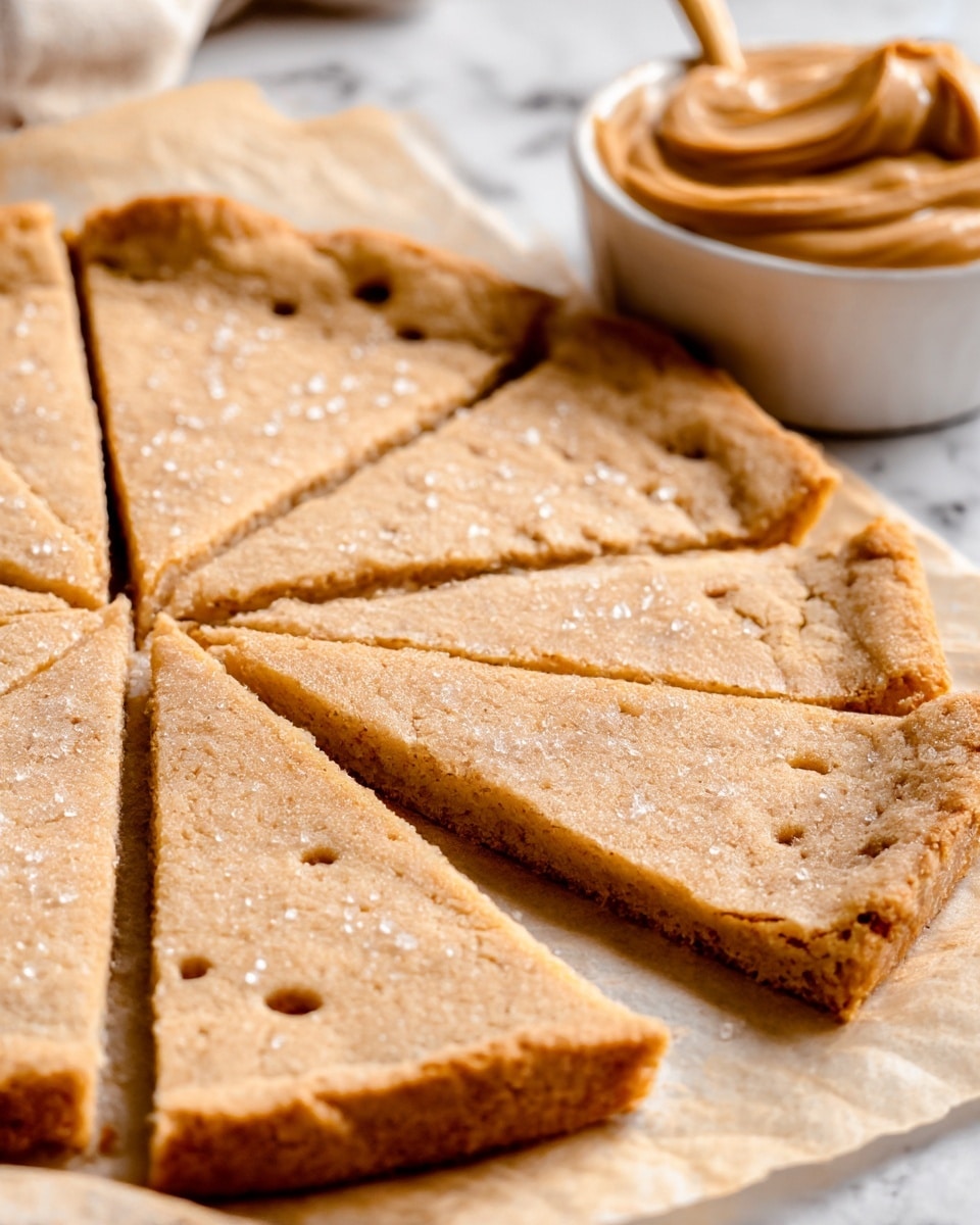 A close-up of a round, golden-brown sugar cookie pie placed on parchment paper, sliced into eight pieces with visible sugar crystals sparkling on the surface. The pie has a slightly crumbly texture with tiny holes and a thicker edge crust. In the background, a white bowl filled with creamy, smooth peanut butter is partially visible on a white marbled texture. photo taken with an iphone --ar 4:5 --v 7