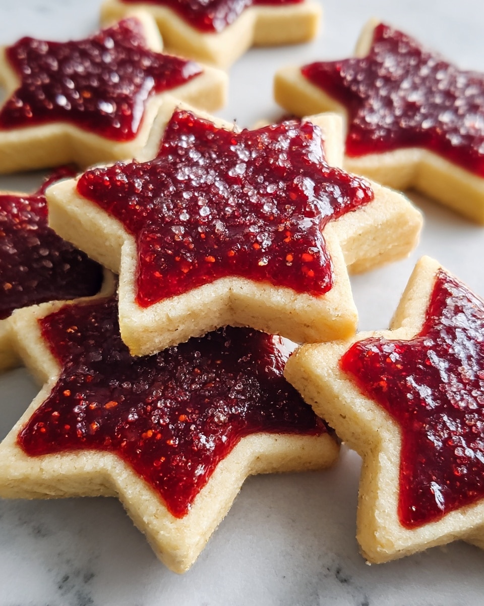 The image shows several star-shaped cookies arranged on a lightly textured white marbled surface. Each cookie has two layers: a golden-brown base with a slightly rough texture and a glossy, deep red jam-like layer spread evenly on top, covering the shape fully. The jam layer is sprinkled with coarse sugar crystals, adding a sparkling effect and a crunchy texture. The cookies are stacked closely, some overlapping, creating a cozy, inviting look. photo taken with an iphone --ar 4:5 --v 7
