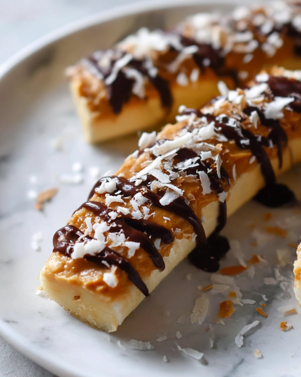 The dish shows a white plate with a close-up of a banana slice cut lengthwise into one long piece. It has a thick layer of chunky peanut butter spread in the center, with a dark brown chocolate drizzle unevenly covering the peanut butter. Small white coconut flakes are sprinkled on top of the chocolate and peanut butter, creating a textured look. The white marbled texture is partly visible in the blurred background. photo taken with an iphone --ar 4:5 --v 7