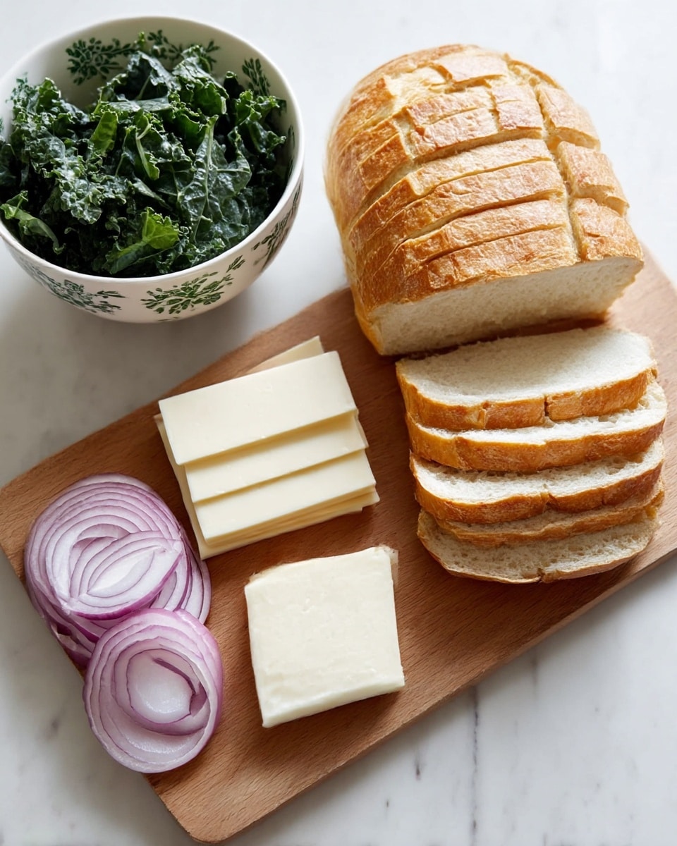 A wooden board set on a white marbled surface holds a few food items neatly arranged: on the top right, there is a loaf of bread cut into many slices, showing its light brown crust and soft white inside; below and to the left are pale yellow cheese slices with a white rind, aligned in two small stacks; to the bottom left are thinly sliced red onion rings with a pale purple color, slightly overlapping; lastly, on the top left, a white bowl with green floral patterns contains fresh dark green leafy kale. Photo taken with an iphone --ar 4:5 --v 7
