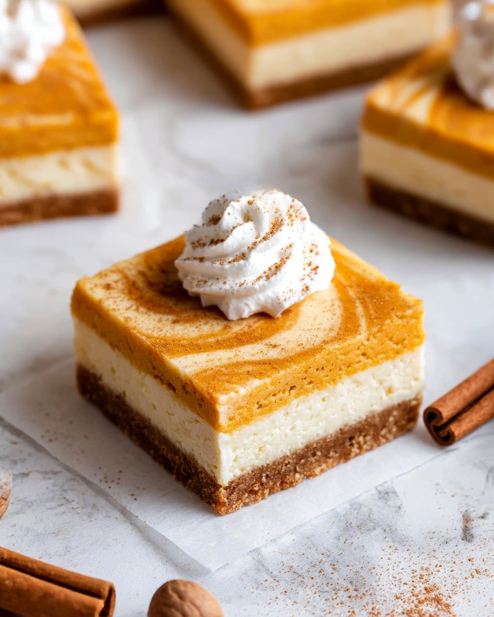 The image shows a square piece of pumpkin cheesecake bar with three distinct layers: a bottom crumbly brown crust, a middle creamy white cheesecake layer, and a top orange pumpkin swirl layer decorated with a dollop of white whipped cream sprinkled with light brown spice powder. The bar rests on white parchment paper on a white marbled surface, with whole spices like cinnamon sticks and nutmeg scattered nearby. In the background, partially visible, are other similar cheesecake bars. Photo taken with an iphone --ar 4:5 --v 7