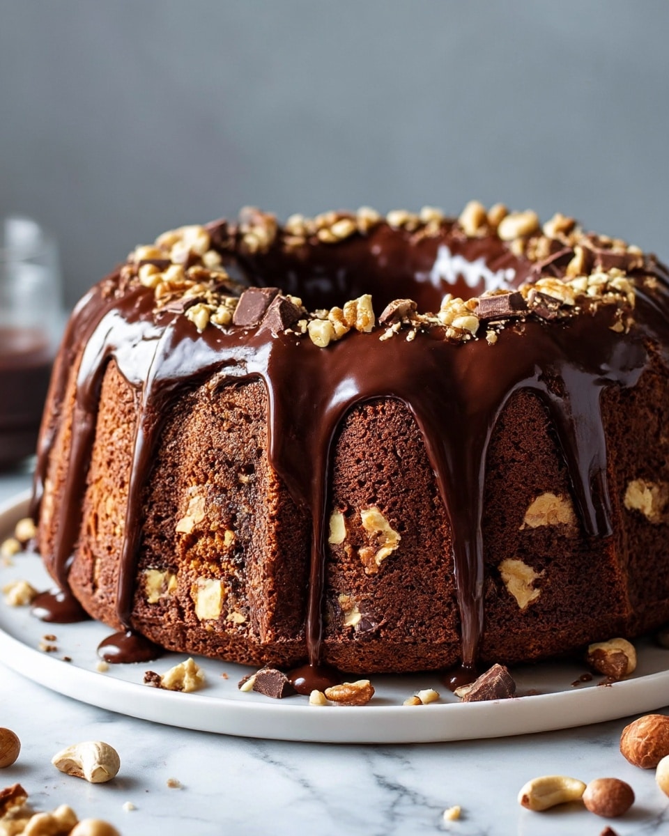 A three-layer bundt cake with a rich, dark brown color studded with large pieces of nuts and chocolate chunks throughout each layer. The top is covered with thick, glossy dark chocolate ganache that drips down unevenly along the sides, adding a shiny texture. The cake sits on a round white plate with a few scattered nuts around it. The background has a soft blur with a white marbled texture surface visible beneath the plate. photo taken with an iphone --ar 4:5 --v 7