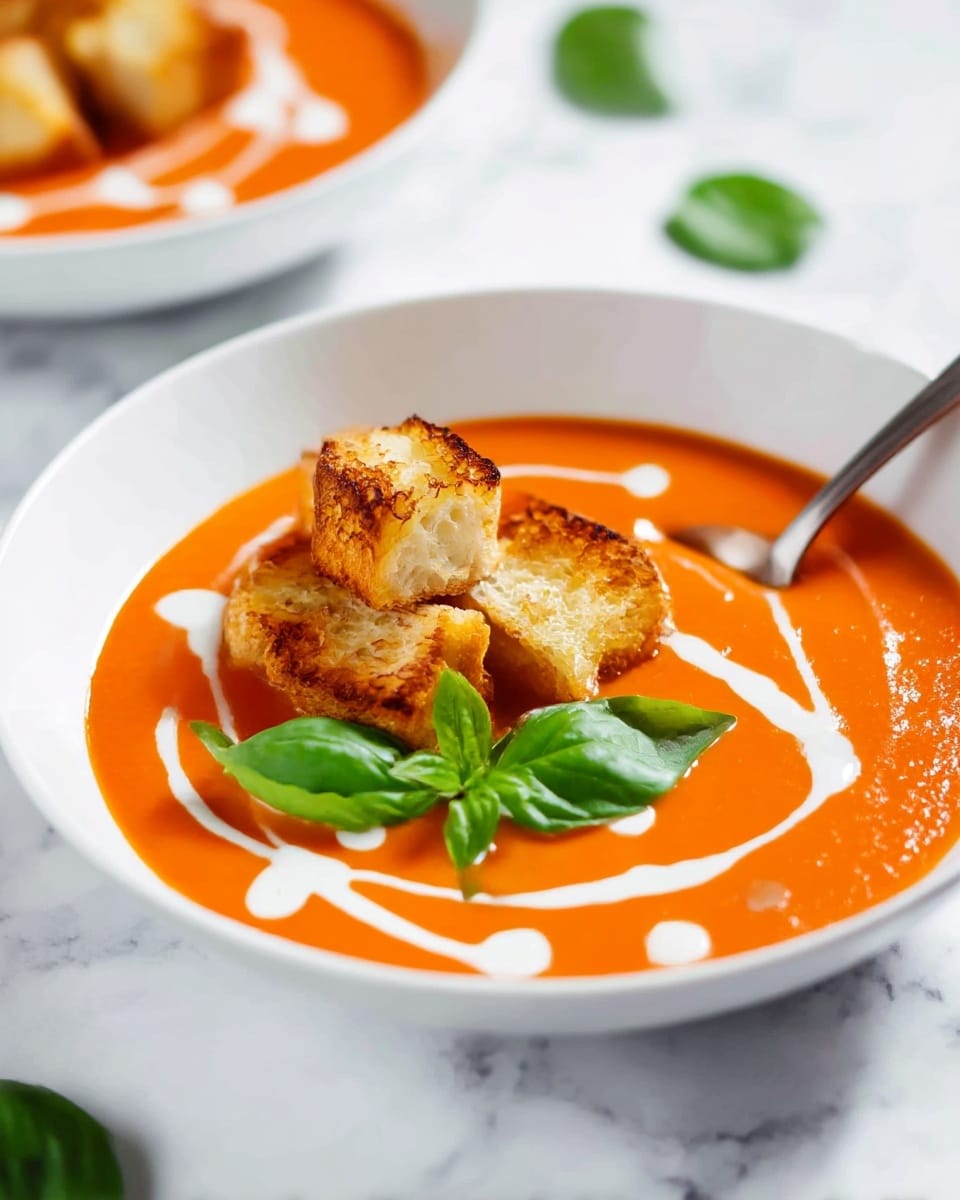 The image shows a white shallow bowl filled with smooth, bright orange tomato soup as the base layer. On top, there are three golden-brown toasted bread cubes placed close to the center, with visible crispy texture and charred edges. Swirled around the bread is a drizzle of white cream forming thin, curved lines and dots. In front of the bread cubes, there is a small cluster of fresh green basil leaves resting on the soup, adding a pop of color. A spoon is partially submerged in the soup on the right side, angled toward the bread. The scene is set on a white marbled surface with a soft, natural light highlighting the rich colors and textures. Photo taken with an iphone --ar 4:5 --v 7