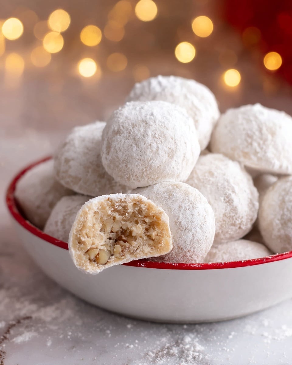A close-up image shows white powdered sugar-covered round cookies piled in a white bowl with a red outside edge. One cookie in the front is broken in half, revealing a soft, crumbly light tan inside with visible nut pieces embedded within. The background has a soft, blurry look with warm glowing lights, and the surface beneath the bowl has a white marbled texture with some powdered sugar scattered around. photo taken with an iphone --ar 4:5 --v 7