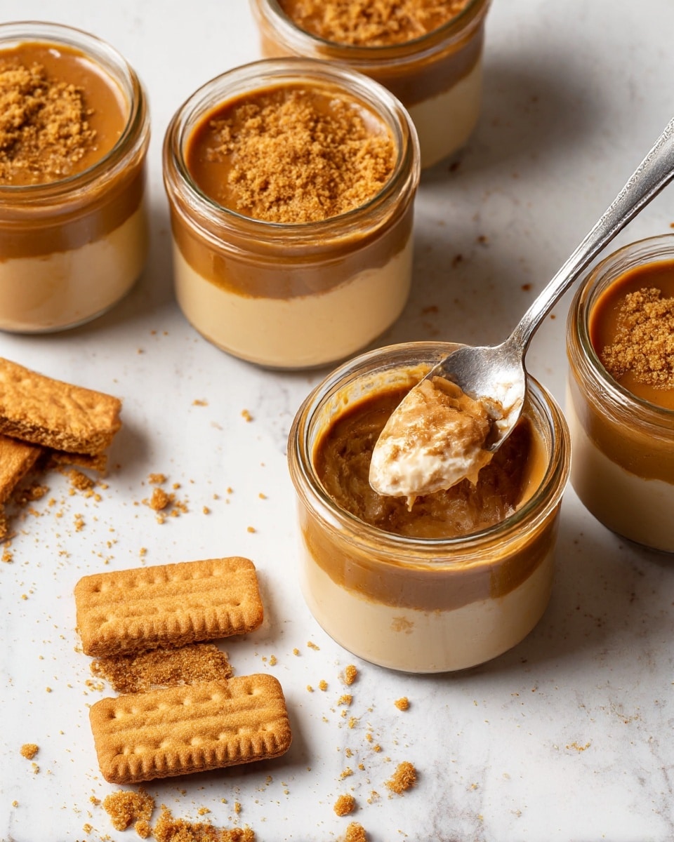 The image shows a clear round glass filled with a three-layer dessert set on a white marbled texture. The bottom layer is a crumbly, golden-brown cookie base. The middle layer is a thick, creamy beige filling, smooth in texture. On top, there is a caramel-colored layer with a slightly shiny finish, sprinkled with more crushed cookie crumbs in a darker brown shade. A whole rectangular golden cookie is inserted vertically into the top layer, slightly angled. In the background, similar glasses with the same dessert layers are visible, and loose rectangular cookies lie on the white marbled surface nearby. photo taken with an iphone --ar 4:5 --v 7
