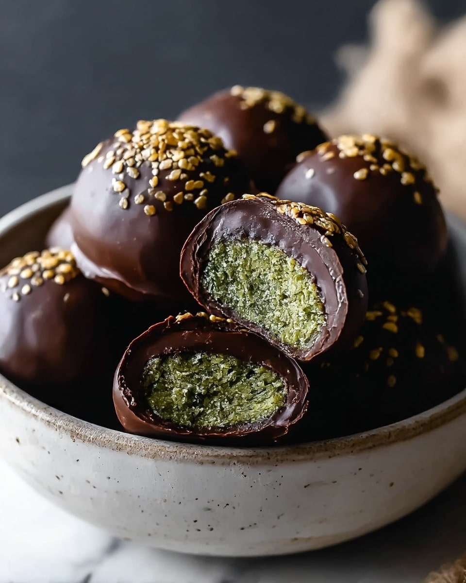 A close-up of round chocolate truffles in a white bowl, each truffle coated in smooth dark chocolate with a sprinkling of small golden seeds on top. One truffle is cut open at the front, showing three layers: the outer dark chocolate shell, a middle thin chocolate layer, and a thick green textured filling inside. The bowl sits on a white marbled surface with a dark, blurry background that highlights the rich colors and textures of the truffles. Photo taken with an iphone --ar 4:5 --v 7
