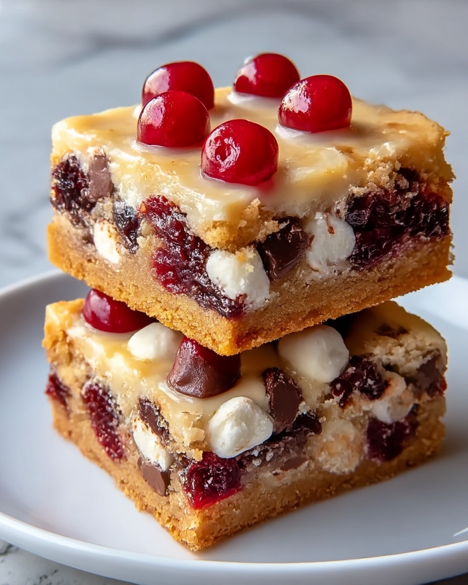 The image shows two square dessert bars stacked on top of each other on a white plate, placed on a white marbled surface. Each bar has three main layers: the bottom layer is a golden brown, crumbly cookie crust, the middle layer is a mix of dark red dried cherries and melted chocolate chunks with small pockets of white marshmallow, and the top layer is a light golden custard-like glaze with four shiny, whole red cherries placed evenly on the top bar. The bars look moist and rich with a mix of textures from soft to crunchy. Photo taken with an iphone --ar 4:5 --v 7