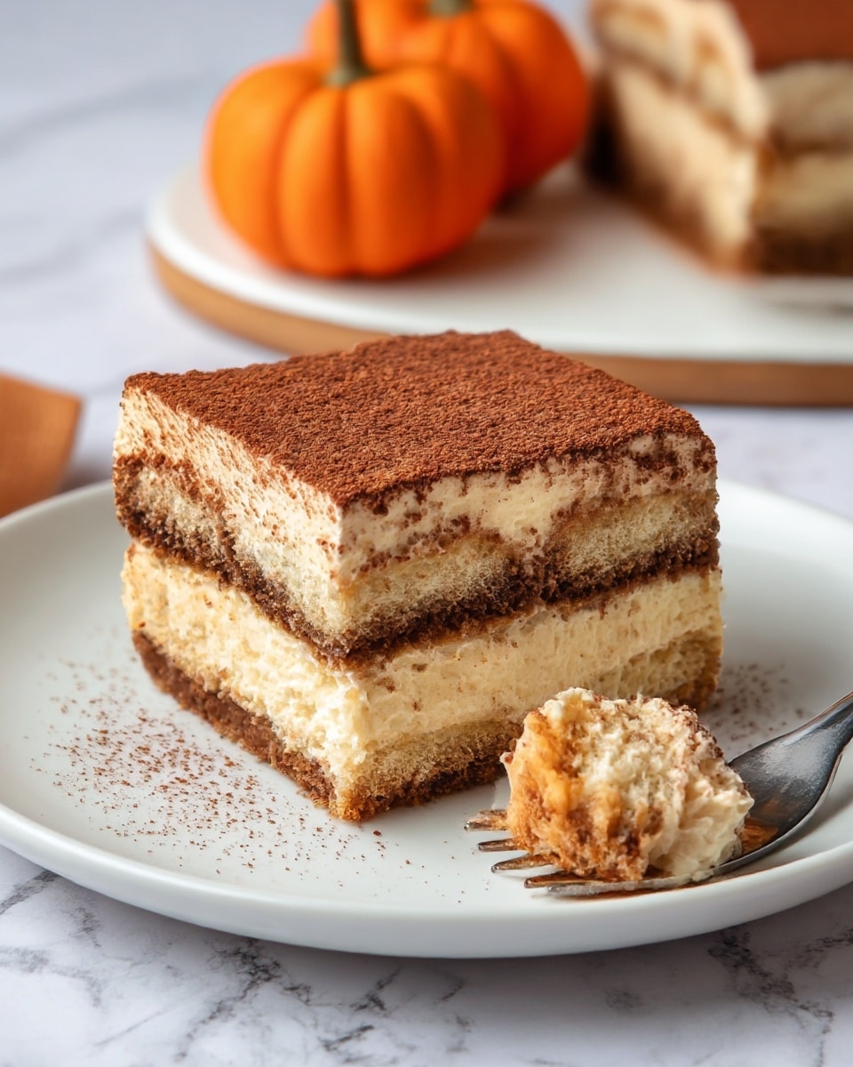 A slice of layered tiramisu sits on a white plate against a white marbled background. The dessert has three main layers: a bottom layer of dark brown soaked sponge cake, a thick middle layer of light brown creamy mascarpone filling, and a top layer of sponge cake similar to the bottom but drier. The tiramisu is dusted heavily with fine cocoa powder, giving a rich brown coating. A fork nearby holds a small bite-sized piece showing the same three layers, with soft textures and moist cake. In the background, two small orange pumpkins sit on a white plate on a wooden board, adding a warm autumn feel. The photo taken with an iphone --ar 4:5 --v 7