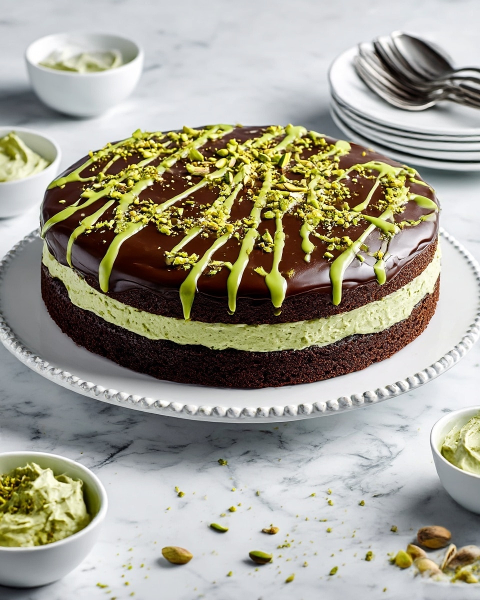 A three-layer round cake sits on a white plate with a delicate beaded edge. The bottom layer is a dark, moist chocolate cake, followed by a middle layer of light green pistachio cream with a fluffy texture. The top layer is a smooth, glossy dark chocolate ganache, decorated with drizzles of bright green pistachio cream and sprinkled with chopped pistachio nuts, adding vibrant contrast. The cake is placed on a white marbled surface, surrounded by small white bowls holding more green cream and chopped pistachios. A stack of white plates with silver forks rests nearby, ready for serving. Photo taken with an iphone --ar 4:5 --v 7