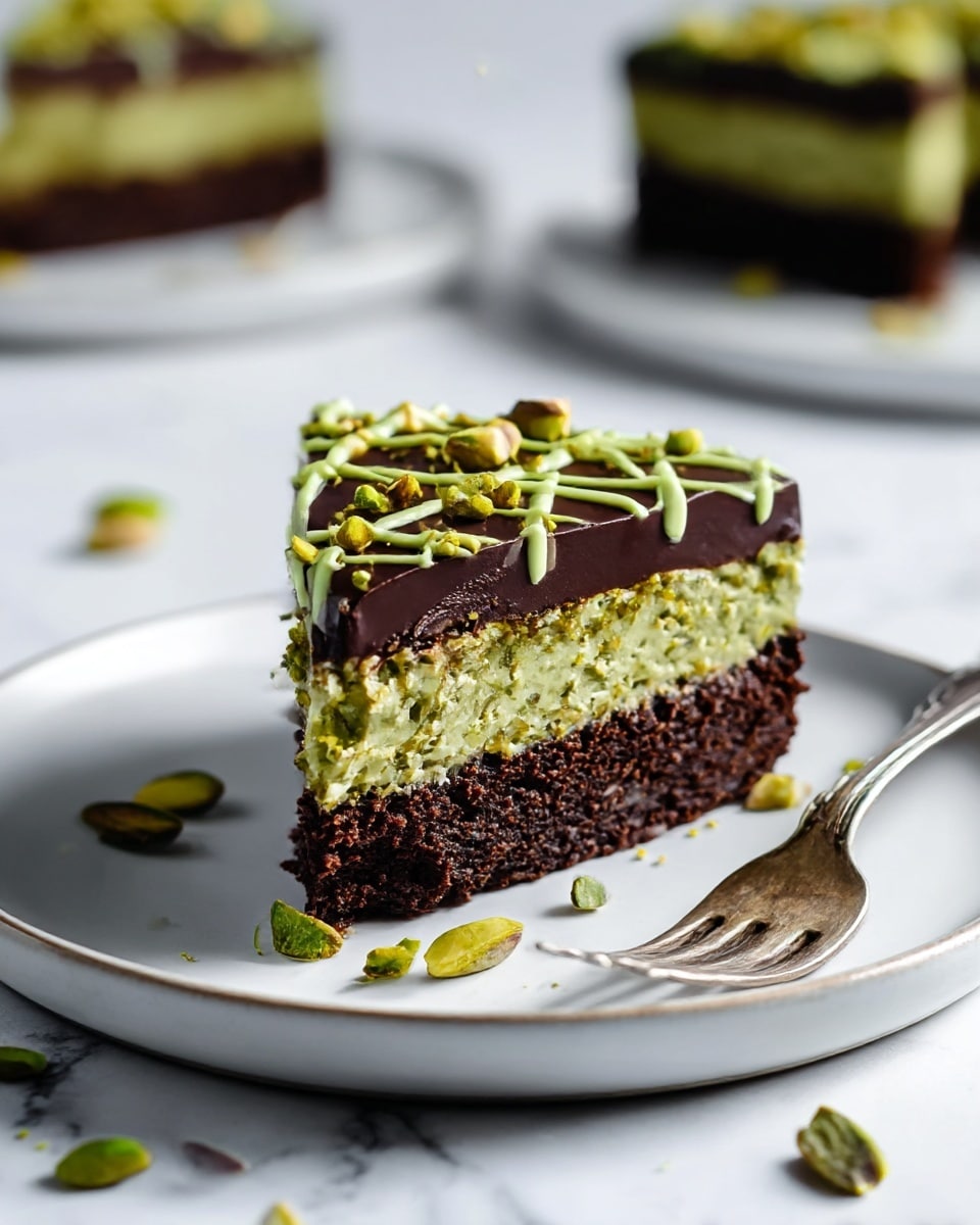 A slice of three-layered dessert sits on a white plate with a slightly raised edge, placed on a white marbled surface. The bottom layer is a dark, moist chocolate cake with a dense texture. The middle layer is a thick green pistachio cream, slightly rough with visible shredded pieces. The top layer is a smooth, glossy dark chocolate ganache, decorated with a light green drizzle in a grid pattern and scattered chopped pistachios. Some pistachio pieces are also scattered around the plate, and a vintage silver fork rests nearby. In the background, another slice of the same dessert is partially visible on a white plate. photo taken with an iphone --ar 4:5 --v 7