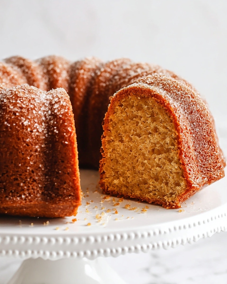 A close-up view of a bundt cake with a single slice removed, showing one thick layer inside with a moist, crumbly texture in a warm golden brown color. The whole cake is a darker brown with a slightly crispy crust, covered with a light sprinkle of granulated sugar on top. It sits on a white pedestal cake stand with a delicate dotted edge, all set against a white marbled background. Photo taken with an iphone --ar 4:5 --v 7