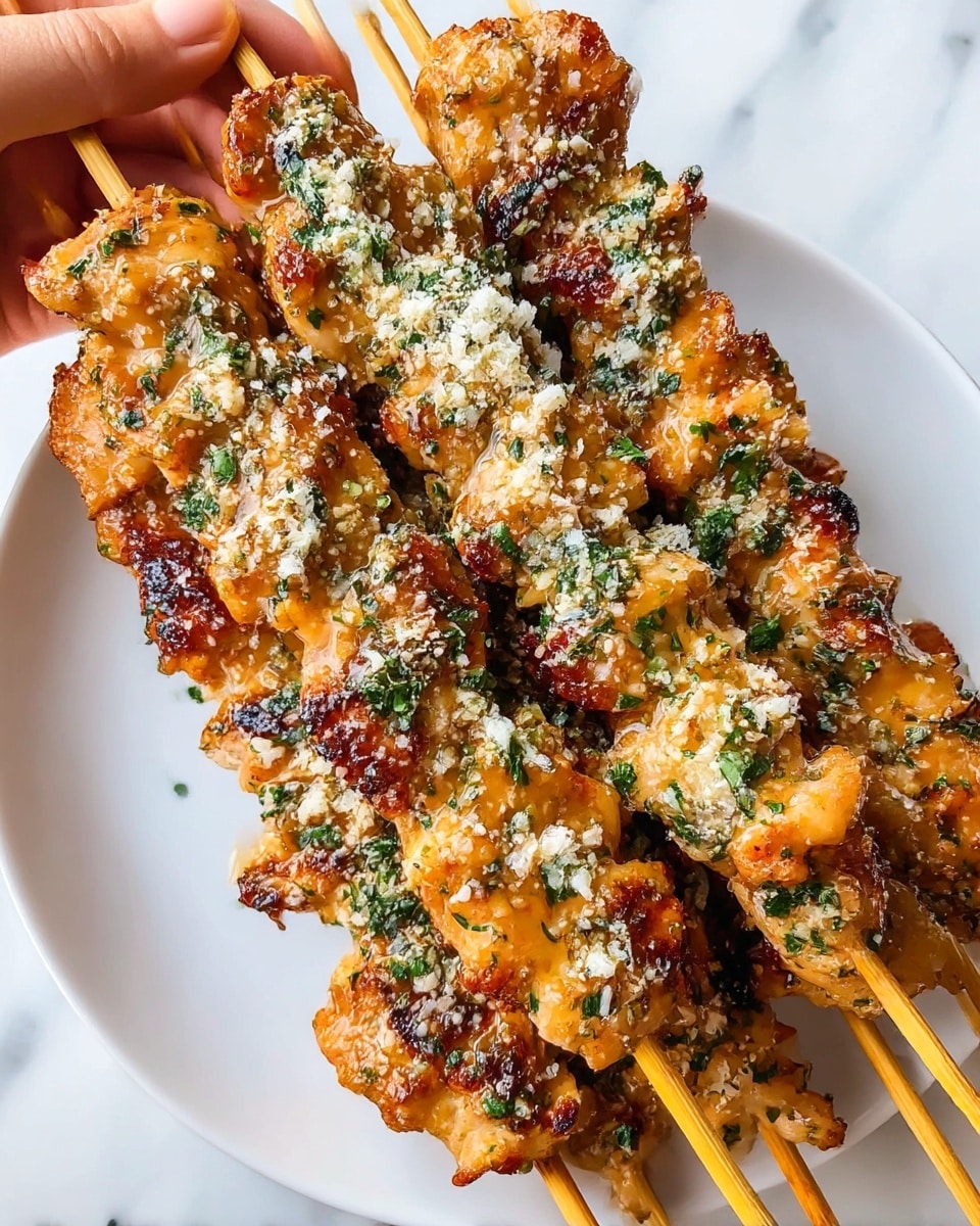 Five grilled chicken skewers are held by a woman's hand, arranged closely together. Each skewer has a golden-brown surface with a slightly crispy texture, covered by a sprinkle of white grated cheese and small green herb bits scattered evenly. The chicken pieces show light char marks, enhancing the grilled look. The skewers rest above a clean white plate, with a white marbled background faintly visible beneath. photo taken with an iphone --ar 4:5 --v 7