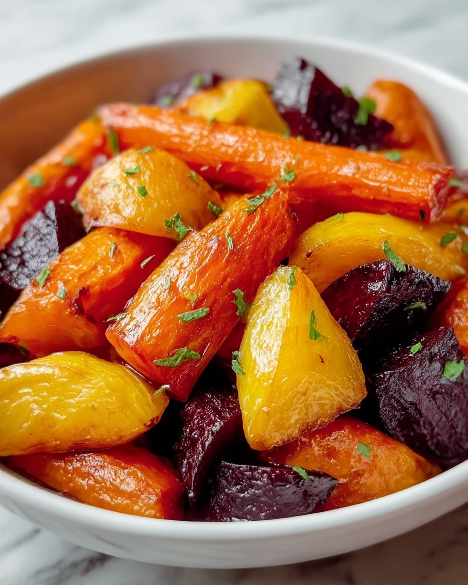 The image shows a close-up of a bowl filled with roasted root vegetables, including carrots, golden beets, and deep purple beets. The vegetables are cut into uneven chunks, showing a mix of smooth, shiny textures from roasting and slightly charred edges. The carrots are bright orange, the golden beets are a warm yellow, and the purple beets provide a dark and rich contrast. Scattered small green herb pieces top the vegetables, adding a fresh touch. The white bowl sits on a white marbled surface, enhancing the vibrant colors of the food. photo taken with an iphone --ar 4:5 --v 7