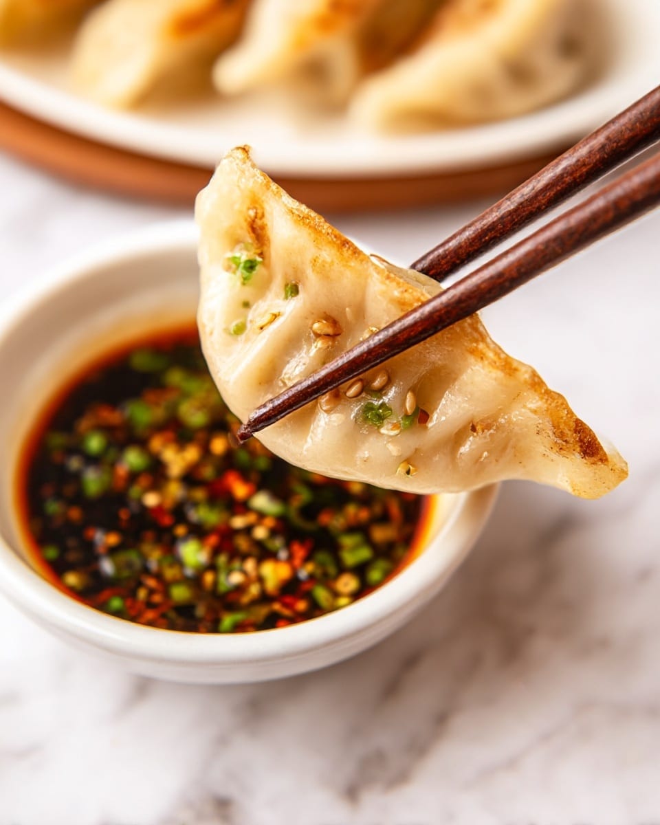A single light golden-brown dumpling with a slightly crispy bottom and soft, translucent top is held by dark brown chopsticks. The dumpling has small folds on top with bits of green onion and sesame seeds on its surface. It is being dipped into a small white bowl filled with a dark soy-based sauce mixed with green onion pieces, sesame seeds, and chili flakes. The background is a white marbled texture with a blurred white plate holding more dumplings slightly visible. Photo taken with an iphone --ar 4:5 --v 7