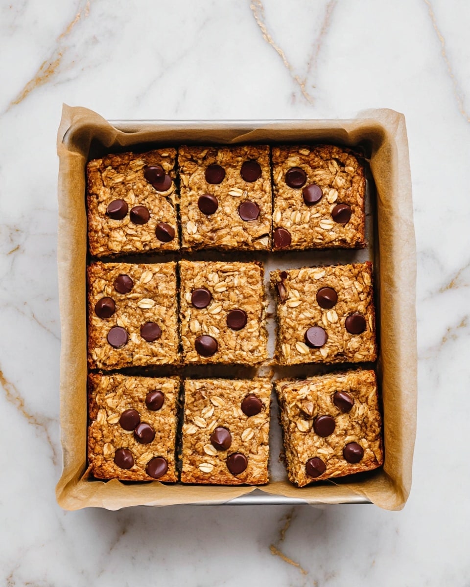 A square baking pan lined with parchment paper holds nine square pieces of golden-brown baked bars with a slightly soft texture. Each bar is topped with visible rolled oats and scattered smooth, dark chocolate chips that add irregular dark spots to the surface. The bars are neatly cut into even squares, with one square slightly pulled out from the rest, showing the soft but firm interior. The pan rests on a white marbled surface with subtle gold veins visible. photo taken with an iphone --ar 4:5 --v 7