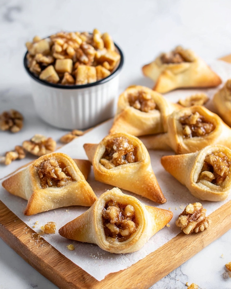 A wooden board holds white parchment paper with several small pastries arranged on top, each pastry showing a light golden-brown crust shaped into a folded triangular pouch, revealing a filling of chopped walnuts that are slightly toasted and caramelized with a glossy texture. A small white cup with a black rim sits behind the pastries, filled with chunky walnut pieces. Scattered walnut pieces surround the pastries on the wooden board, adding texture. The background is a white marbled texture. photo taken with an iphone --ar 4:5 --v 7