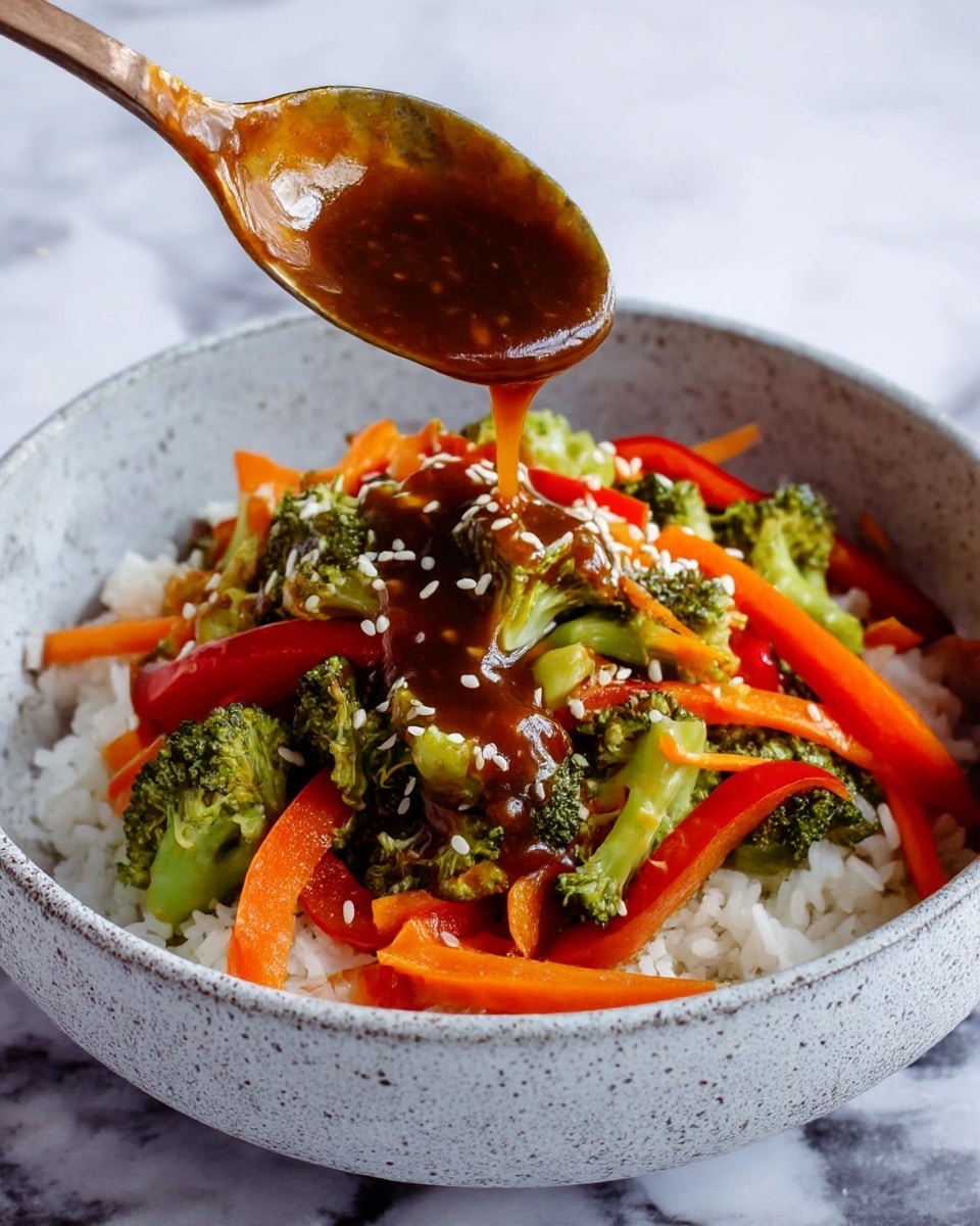 A bowl with white rice as the base layer, topped with a colorful mix of cooked green broccoli florets, thin bright orange carrot ribbons, and red bell pepper strips. A spoon is held above, pouring a thick dark brown sauce with visible bits onto the vegetables. White sesame seeds are sprinkled over the top. The bowl itself is a textured light gray with speckles, placed on a white marbled surface. Photo taken with an iphone --ar 4:5 --v 7