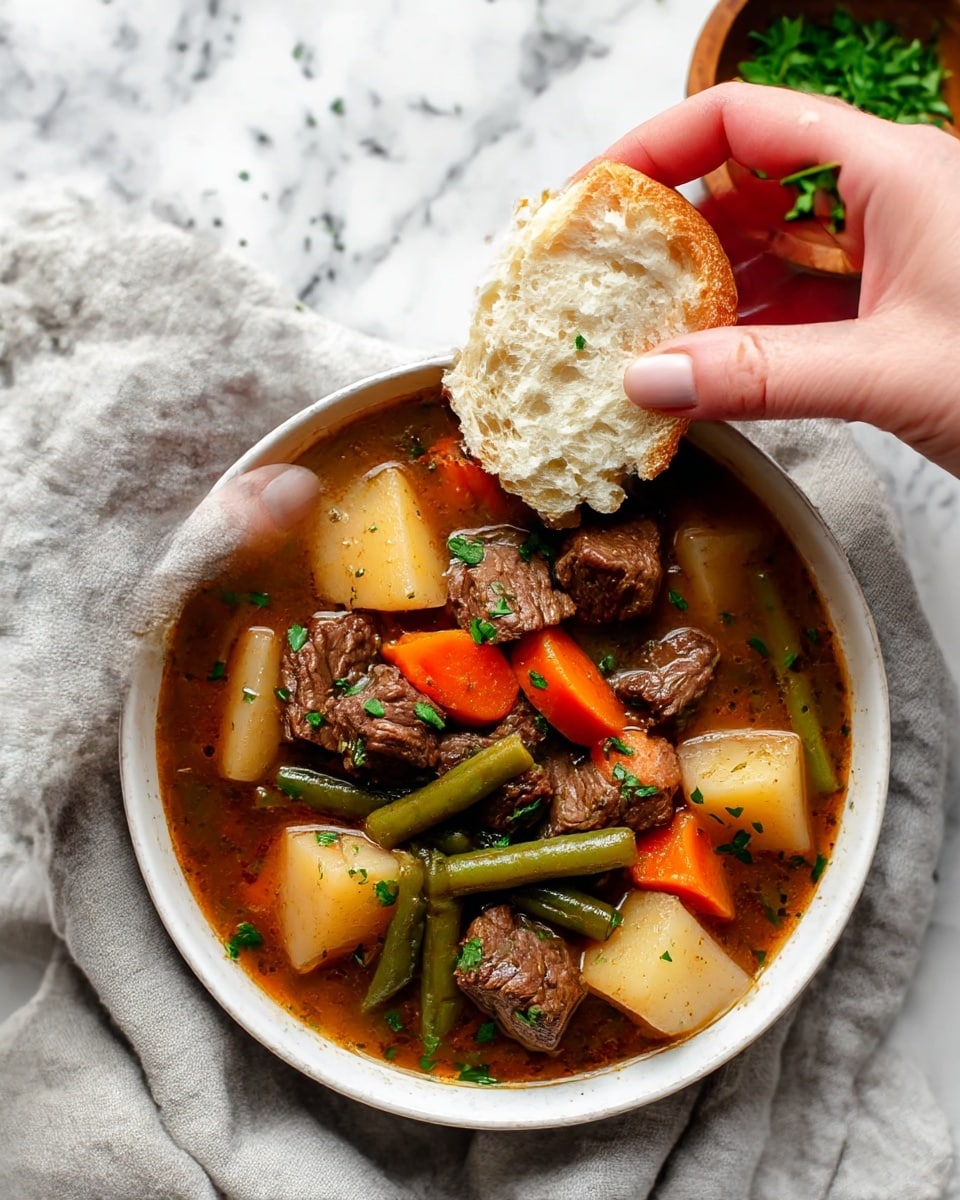A white bowl filled with thick beef stew showing several layers: the bottom layer is a brown, rich broth; on top, chunks of dark brown cooked beef, bright orange carrot slices, pale yellow potato pieces, and green beans are scattered throughout. The stew is garnished with small green parsley bits, adding a fresh texture and color contrast. To the left, a woman's hand holds a piece of torn, soft white bread just above the bowl. The bowl rests on a light grey cloth, with some green herbs visible in a small wooden bowl in the background on a white marbled surface. photo taken with an iphone --ar 4:5 --v 7