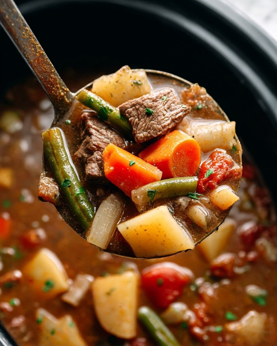The image shows a close-up of a ladle full of beef stew held over a black pot. The stew contains chunks of brown beef, bright orange carrot slices, pale yellow potato pieces, green beans, light brown parsnips, and red tomato bits all mixed in a thick brown broth. The surface beneath the pot is a white marbled texture. The colors and textures of the vegetables and meat are clear and vibrant, and some small green herb pieces are sprinkled throughout. Photo taken with an iphone --ar 4:5 --v 7