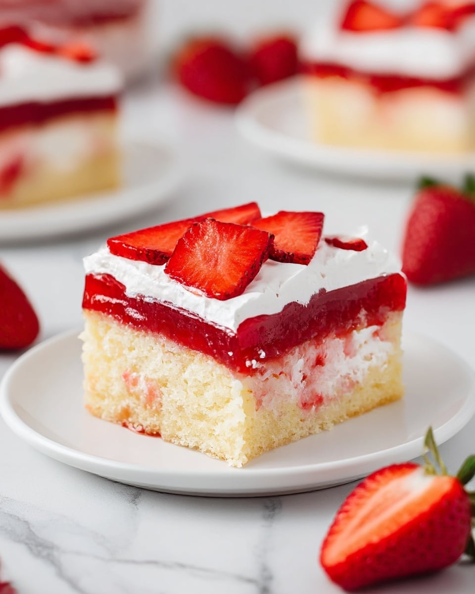 A square piece of strawberry dessert with three distinct layers sits on a white plate against a white marbled surface. The bottom layer is a light, fluffy yellow cake with some red strawberry juice absorbed into it. The middle layer is a shiny, thick red strawberry jelly that spreads evenly over the cake. On top, there is a smooth, white whipped cream layer decorated with evenly cut slices of bright red strawberries. In the background, blurred white plates have other similar dessert pieces and some whole and halved strawberries scattered around. Photo taken with an iphone --ar 4:5 --v 7