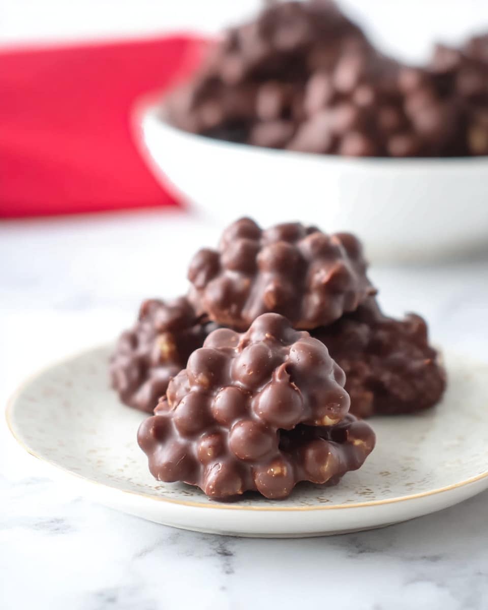 The image shows three irregularly shaped clusters of dark chocolate-covered nuts or cereal pieces, placed on a small white plate with a subtle pattern. The clusters have a glossy texture and are bumpy due to the individual round nuts or pieces coated in chocolate. Behind the plate, there is a partial view of a white bowl filled with more clusters of the same texture and color. The background features a white marbled surface with a soft focus, and a red cloth detail is faintly visible in the upper left corner. The image has soft natural lighting highlighting the shiny chocolate texture. photo taken with an iphone --ar 4:5 --v 7