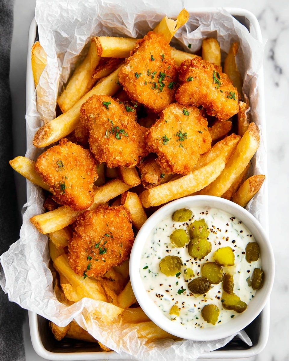 The image shows a white rectangular basket lined with crumpled white parchment paper, filled with golden brown fried chicken nuggets and thick, crispy fries that are light yellow with some browned edges. On the top right of the basket, there is a small white bowl filled with creamy white dipping sauce, sprinkled with chopped green pickles and black pepper. The chicken nuggets have a crunchy texture with patches of green herbs sprinkled on top. The background is a white marbled surface. Photo taken with an iphone --ar 4:5 --v 7
