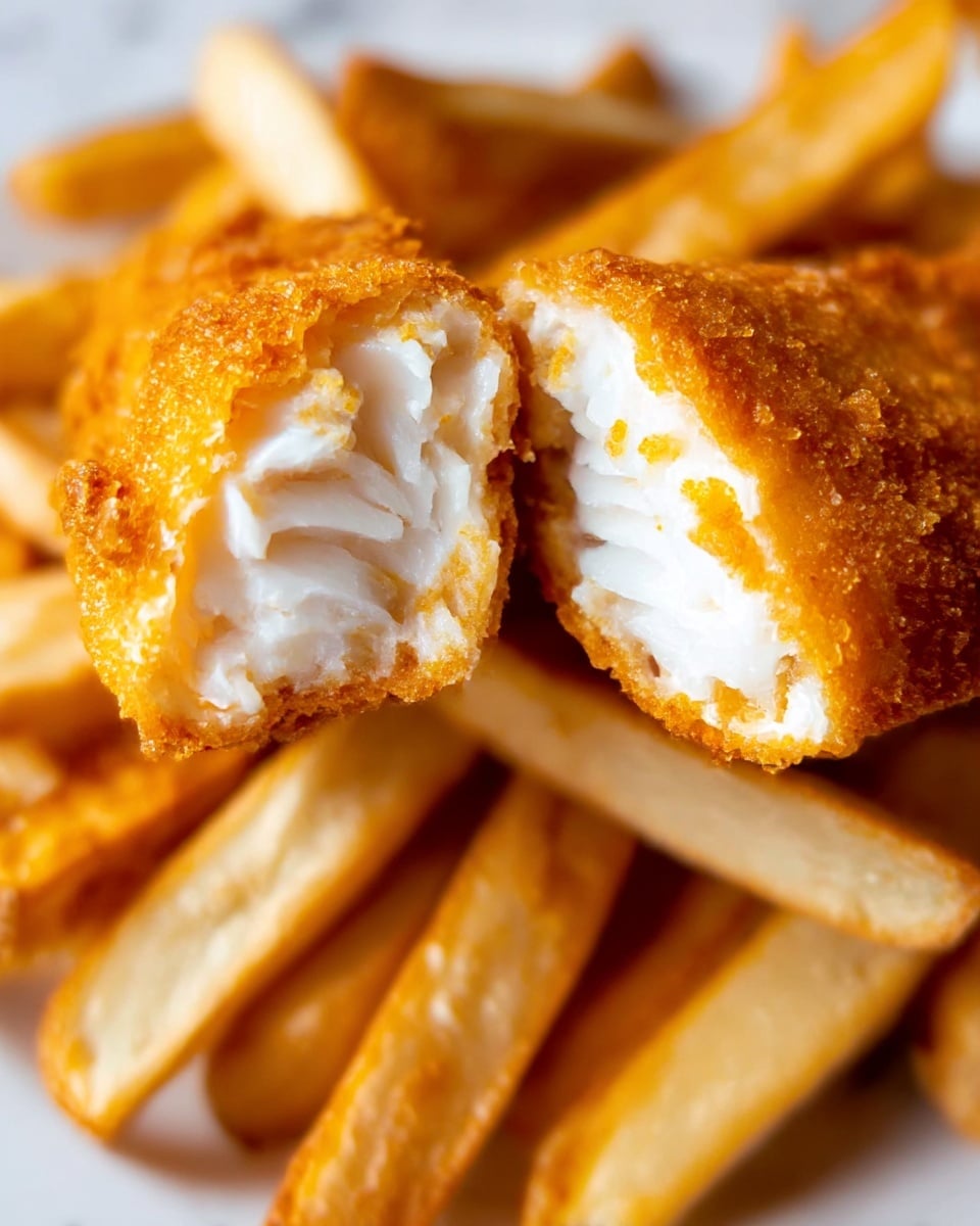 A close-up view of a fried fish fillet cut in half, showing the inside layers of flaky, white fish surrounded by a thick, golden-brown, crispy breadcrumb coating. The fillet sits on top of a pile of thick-cut golden fries with a slightly crispy texture and soft inside. The fries have light browning on the edges. The dish is presented on a white plate with a white marbled textured surface in the background. photo taken with an iphone --ar 4:5 --v 7
