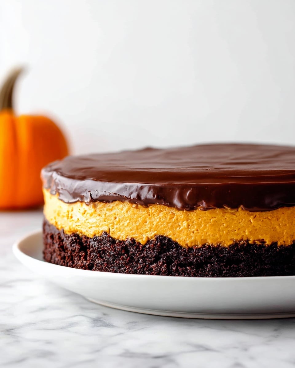 The image shows a three-layer cake on a white plate against a white marbled background. The bottom layer is dark, crumbly, and dense with a rich texture. The middle layer is a thick, smooth, orange pumpkin mousse with a light and airy texture. The top layer is a shiny, dark chocolate ganache, smooth and glossy, covering the entire cake evenly. There is a small pumpkin blurred in the background on the left side. photo taken with an iphone --ar 4:5 --v 7