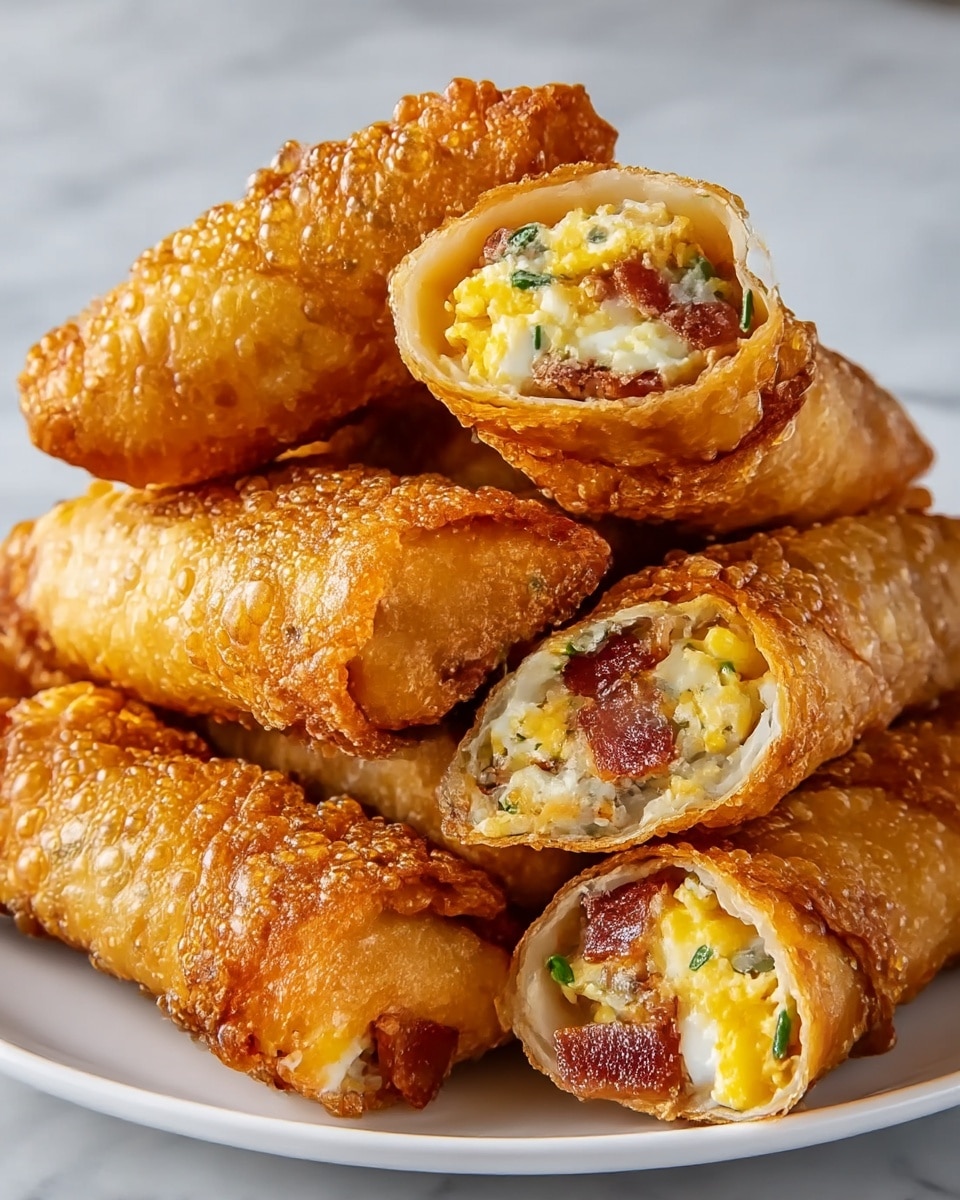 A white plate stacked with six fried egg rolls, four whole and two cut in half to show the inside layers. The outer layer is a golden brown, crispy, bubbly fried dough. Inside, the thick filling has three colors: bright yellow eggs, white creamy cheese, and small pieces of red-brown bacon mixed with some green herbs. The egg rolls are tightly wrapped and piled high on the plate, all set on a white marbled surface. photo taken with an iphone --ar 4:5 --v 7